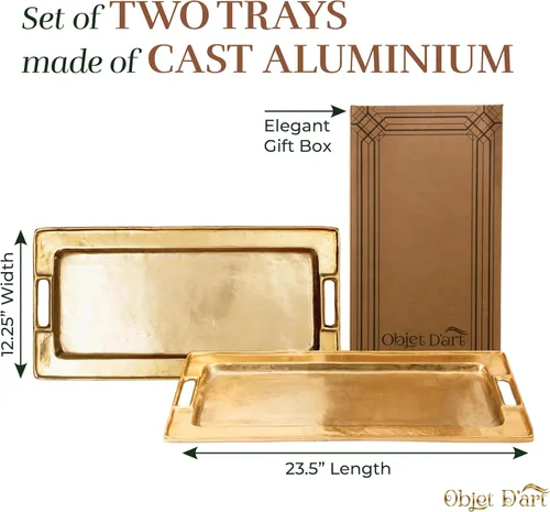 Vista 6 de Bandejas decorativas doradas de Objet D’Art, bandeja rectangular de bar Beaufort para sala de estar, otomana y mesa de café, juego de 2 bandejas
