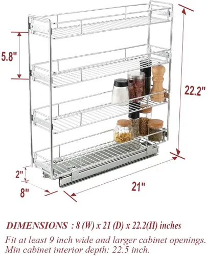 Vista 2 de OCG Organizador de estantes porta especias para gabinete de cocina de 4 niveles extraíble (8" de ancho x 21" de profundidad), cestas de alambre