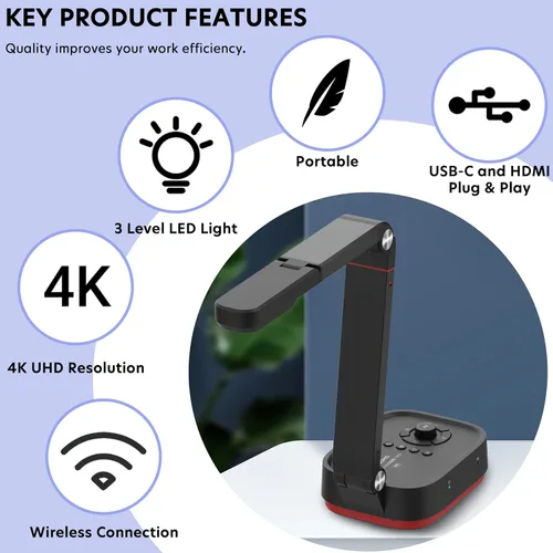Vista 2 de QPC100W Cámara de documentos inalámbrica 4K UHD, WiFi/HDMI/USB Plug & Play, compatible con Mac OS, Windows, Chromebook compatible