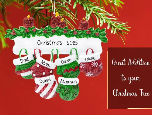 Vista 5 de Adorno de Navidad personalizado para familia de 6 miembros 2026 Manoplas con velas con purpurina en la decoración del árbol de Navidad del manto