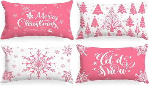 Vista 24 de Lanpn Fundas de Cojín Lumbar Navideñas de 12x20, 4 piezas, Blanco y Negro Feliz Navidad Xmas Invierno Copo de Nieve Fundas de Almohada de Cojín