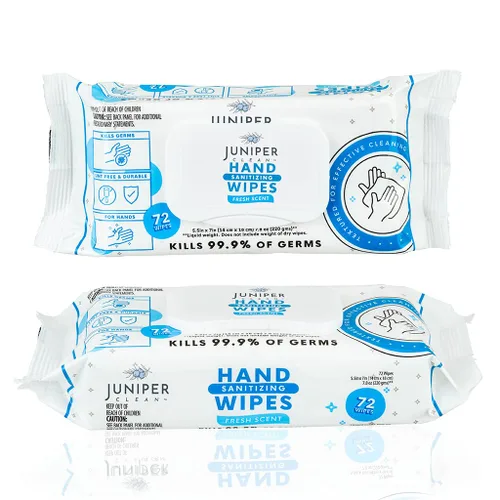 Vista 7 de Juniper CLEAN, 1 paquete de toallitas desinfectantes de manos, 72 toallitas desinfectantes de manos desechables, aroma fresco, sin pelusa y duraderas