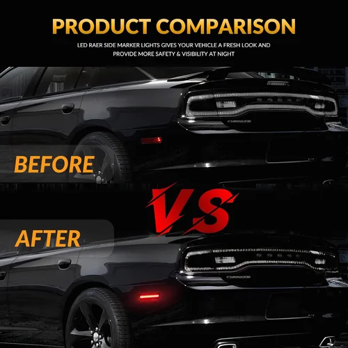 Vista 4 de Luces LED de señalización lateral para parachoques trasero rojo para 2008-2014 Dodge Challenger y 2011-2014 Charger con lente ahumada, 2 piezas
