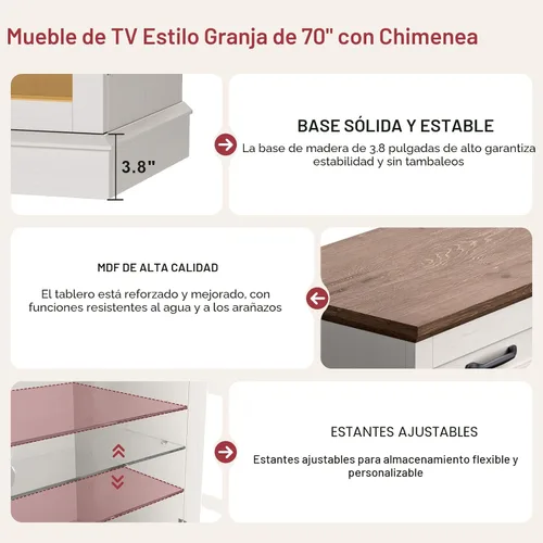 Vista 3 de MXV Soporte de TV con chimenea de 70 pulgadas, chimenea de vidrio de 3 lados y centro de entretenimiento moderno, consola multimedia de madera