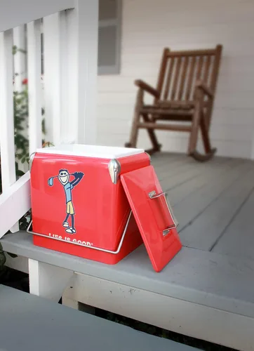 Vista 10 de Leigh Country Life is Good - Hielera metálica roja, diseño gráfico Jake Golfing, portátil con asa de transporte