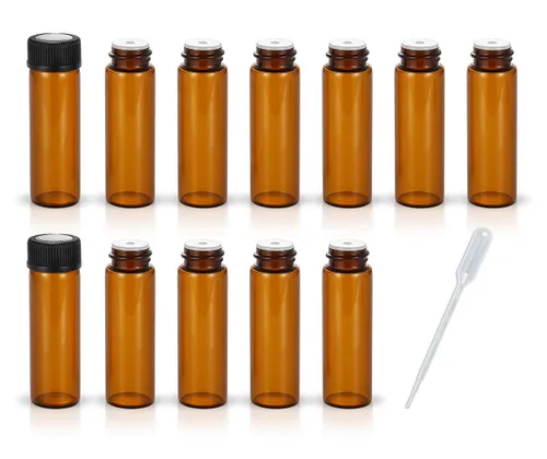 Vista 10 de Juego de 12 botellas de vidrio con tapa de rosca marrón, mini vial de aceite vacío (0.1 fl oz)