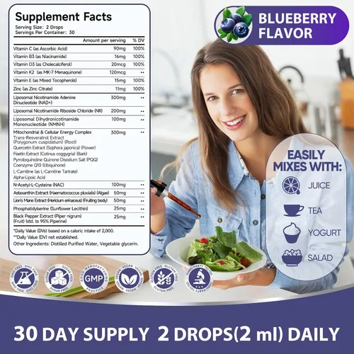 Vista 7 de Gotas líquidas liposomales NAD+, suplemento NR y NMNH y salud mitocondrial, 22 en 1 para un envejecimiento saludable, apoyo nervioso y energético