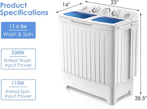 Vista 7 de RELAX4LIFE Lavadora y centrifugadora portátil de 20 libras de capacidad, temporizador, mini lavadora y secadora semiautomática para apartamento