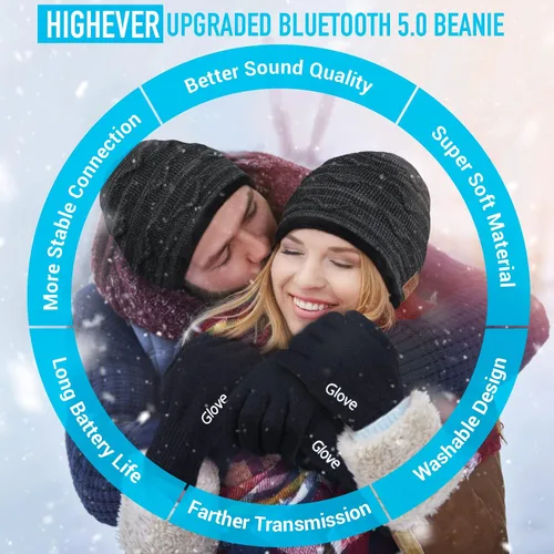 Vista 3 de Gorro Bluetooth de Pompón de HIGHEVER para Hombres y Mujeres V5.0, Relleno de Calcetas Navideñas, Inalámbrico, Gorro Musical con Altavoz