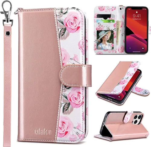 Vista 21 de ULAK Compatible con iPhone 13 Funda tipo cartera para mujer, funda tipo billetera de piel PU con tarjetero y función de caballete, funda protectora