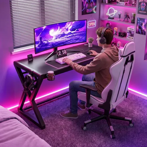 Vista 9 de SAMERY Escritorio para computadora, escritorio de oficina en casa, 55.1 pulgadas, moderno y simple, escritorio de vidrio negro, mesa de computadora