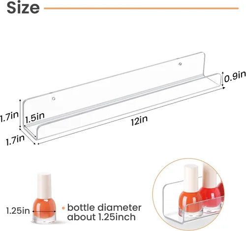 Vista 3 de upsimples Paquete de 6 Estantes de Acrílico Transparente, 1.7" x 12" Estanterías de Guardería, Estantería Flotante Pequeña para Niños y Bebés