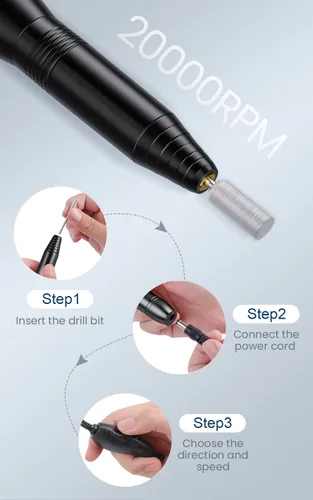 Vista 4 de Kit profesional de taladro de uñas USB de 20000 RPM para uñas acrílicas, pulido de manicura y pedicura con 6 brocas de uñas, bandas de lijado y Negro