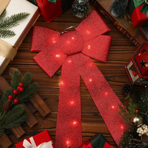 Vista 4 de Liliful 3 lazos de Navidad grandes de 18 x 10 pulgadas con luz roja para corona y remate de árbol, adornos gigantes iluminados para remate de árbol