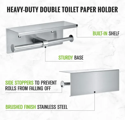 Vista 3 de Alpine - Soporte de papel higiénico doble con estante - Soporte de papel higiénico de acero inoxidable cepillado de doble rollo resistente a