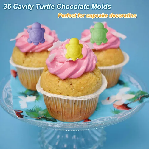 Vista 3 de Paquete de 2 moldes de chocolate con 36 cavidades de silicona de tortuga para pasteles, gomitas, gelatina, cubitos de hielo, herramientas