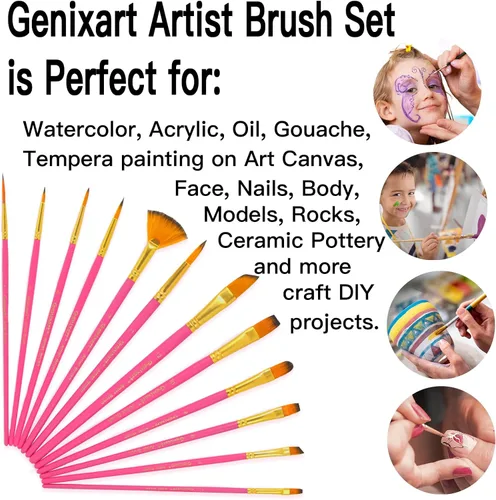 Vista 2 de Genixart Juego de pinceles para acuarela al óleo acrílica, pelo de nailon sintético, pinceles para artistas, para uñas, rostro, cuerpo, pintura