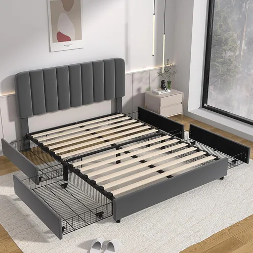 Vista 5 de VECELO - Queen Size Upholstered Bed Frame with 4 Drawers and Adjustable Headboard, Velvet Storage Platform Bed Frame, Mattress Foundation, Wood Slat