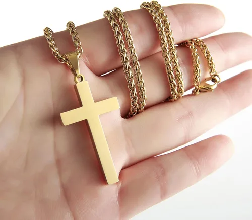 Vista 2 de RS Collar de cruz para hombres y mujeres, de 16 a 24 pulgadas, cadena de colgante de cruz de acero inoxidable, regalo religioso