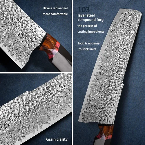 Vista 4 de Cuchillo de chef nakiri de 7.9 pulgadas, hoja de acero de damasco hecho a mano, mango de ébano, cuchillo de cocina de estilo japonés con funda