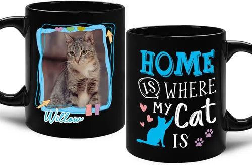 Vista 14 de Taza de cerámica negra personalizada para elegir nombre y foto con texto en inglés "Best Cat Dad Ever Just Ask", taza de café personalizada de 11
