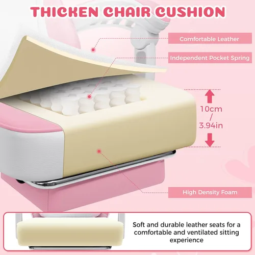 Vista 6 de HOFFREE Silla de juegos rosa para niña, linda silla de computadora de Rosa + blanco