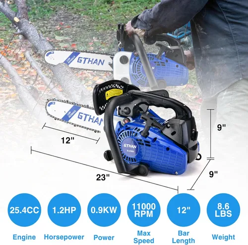 Vista 3 de 25.4cc Motosierra de mango superior 2 ciclos, motosierra de gas de 12 pulgadas, motosierra de gasolina portátil de mano inalámbrica para corte