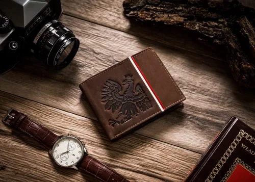 Vista 4 de Cartera de cuero en relieve con águila pulida, ribete blanco y rojo, Águila diagonal marrón, Horizontal