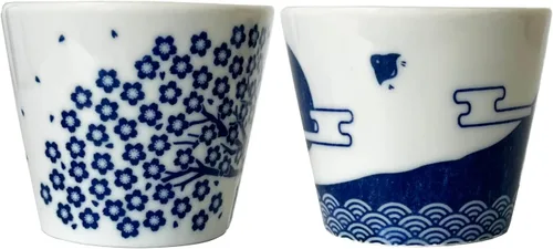Vista 6 de Juego de 2 tazas de sake japonesas - Sakura y Monte Fuji Design, cerámica de color índigo, 3.9 onzas líquidas, para bebidas frías y calientes, taza