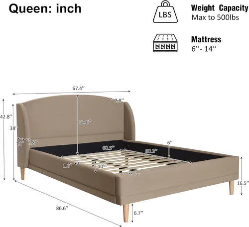 Vista 2 de Christopher Knight Home Hazel Velvet Queen Size Bed Frame with Wingback Headboard, Modern Queen Bed Frame and Headboard, Wooden Slats Support, Easy