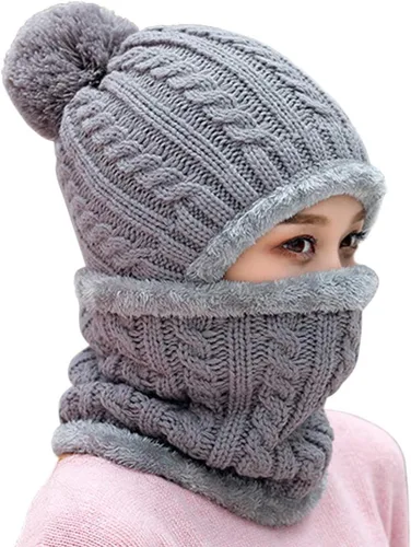 Vista 19 de Gorro de Invierno para Mujer de Una Pieza con Forro Polar Pasamontañas de Punto Conjunto con Bufanda Circular para Cuello Gorro de Esquí para Nieve