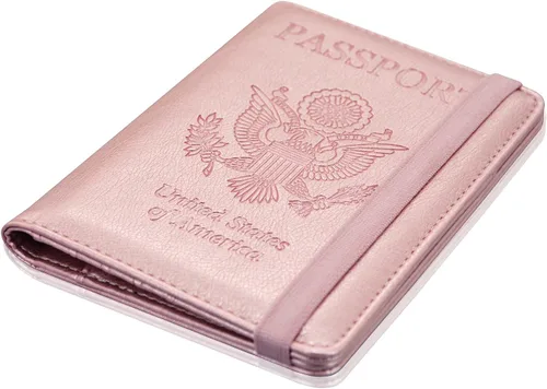 Vista 8 de ACdream - Funda para pasaporte, billetera o cartera de viaje de piel con bloqueo RFID para pasaporte con cierre de banda elástica, Ab-oro rosa)