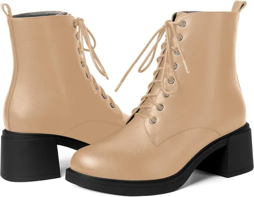 Vista 96 de ROSERWISH Botas altas de tacón bajo y grueso para mujer, con cordones, cómodas, modernas, con puntera redonda, de 2.5 pulgadas