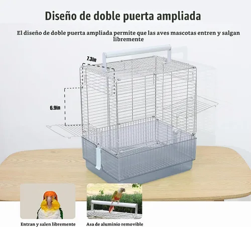 Vista 8 de Jaula para pájaros de viaje de acero inoxidable, 304 portátil, plegable, para loros, conures, cacatúas, periquitos, jaula grande de 17 pulgadas