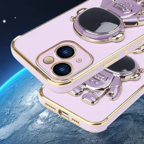 Vista 5 de Omio - Funda compatible con iPhone 15 Plus con soporte oculto de astronauta, funda de lujo chapado en corazón con borde lateral, pequeño