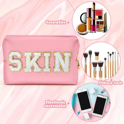Vista 3 de Y1tvei Preppy Patch SKIN Letra Blanca Rosa Bolsa de Aseo para Cosméticos de Piel Sintética Bolsa de Maquillaje Portátil Bolsa de Almacenamiento