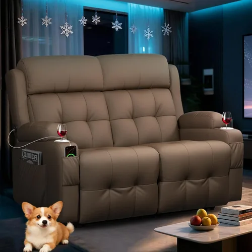 Vista 19 de Sofá reclinable de dos plazas para cine en casa, sofá reclinable de pared con USB, portavasos, sillón reclinable de tela de guijarros, sofá cama