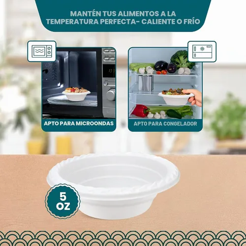 Vista 5 de R-kay Tazones de plástico - 100 unidades de tazones desechables aptos para microondas - Tazones de plástico blanco resistentes, de alta resistencia