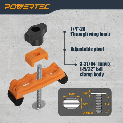 Vista 4 de POWERTEC 2 abrazaderas de sujeción ajustables, abrazadera de pista en T multiposicionable, abrazaderas de plástico reforzado con 20 pernos de acero