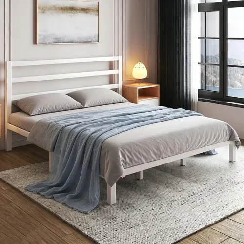 Vista 5 de LoVinson Marco de cama de metal tamaño King con cabecero, listones de metal, color blanco