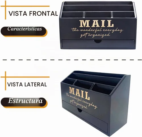 Vista 3 de EXQUIDECA Soporte rústico negro de madera para almacenamiento de correo de encimera con cajón y compartimentos - Accesorios de escritorio de oficina