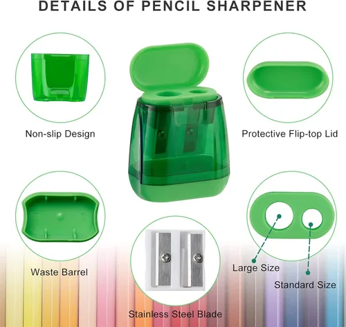 Vista 10 de Sonuimy Sacapuntas manuales, 4 sacapuntas manuales, doble agujero, compacto, de color, sacapuntas de mano para niños con tapa, adultos, estudiantes