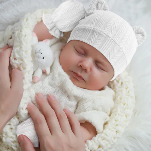 Vista 2 de Conjunto de gorro y mitones para recién nacidos con orejas de oso, gorro para bebé, gorro de hospital para bebé niño o niña, de 0 a 3 meses 4