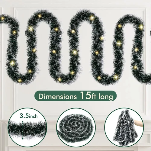 Vista 6 de Paquete de 2 guirnaldas de Navidad preiluminadas, guirnalda artificial iluminada de 15 pies con luces para chimenea, barandillas de escalera, árbol