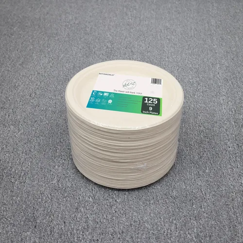 Vista 6 de Platos de papel compostables de 9 pulgadas – Paquete de 125 Bagazo de caña de azúcar resistente Microondas y fugas Platos desechables