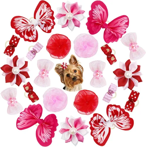 Vista 8 de 22 lazos para el pelo de perro con bandas elásticas de goma, accesorios para el pelo de cachorros pequeños con perlas de flores de mariposa, lazo