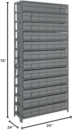 Vista 596 de Quantum QSBU-245BK Heavy Duty Shelving Unit with (7) Shelves and (24) QUS245 Black Bins for Garage Warehouse Storage Distribution 400 lb Load