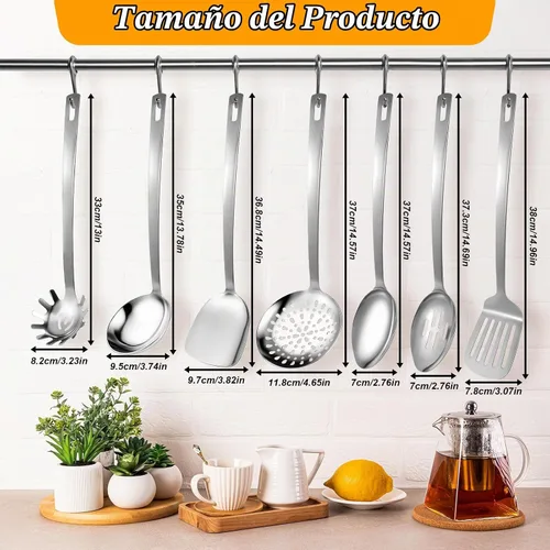 Vista 3 de Juego de utensilios de cocina de acero inoxidable, 7 piezas, cucharón, cucharón, cucharón, cuchara de sopa para servir, cucharas de servir