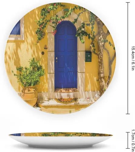 Vista 2 de Plato decorativo de 8 pulgadas, placa de porcelana amarilla y azul, placa de exhibición tradicional griega para puerta de casa griega para cenas