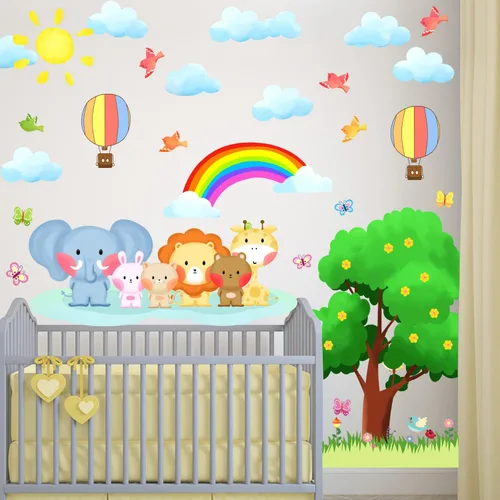 Vista 6 de KOKOLAP Calcomanías de pared de animales de árbol, calcomanías de pared de animales del bosque, decoración de habitación de bebé, decoración